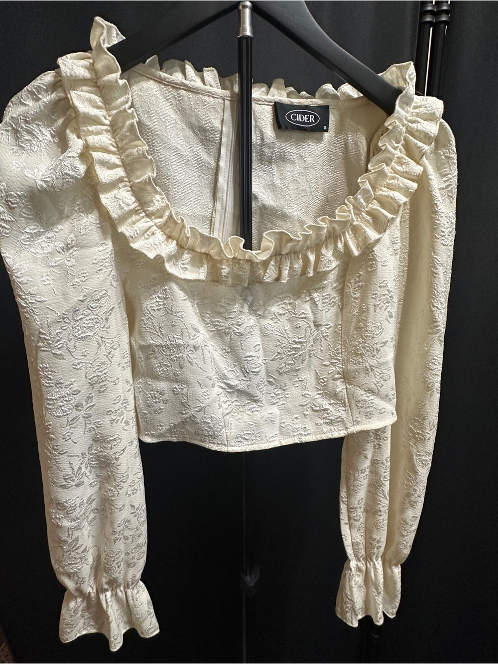 Cider Ivory Ruffle Jacquard Long-Sleeve Crop Top